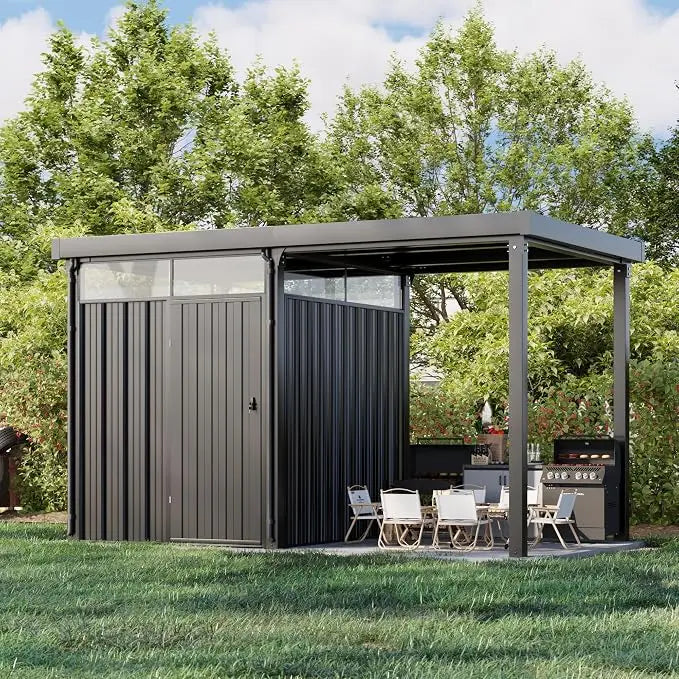 Outdoor Storage Shed with Floor Frame, Metal Sheds | Waterproof Steel Tool Shed with Lockable Door and Sloping Roof for Backyard Patio Lawn Garden, Deep Brown