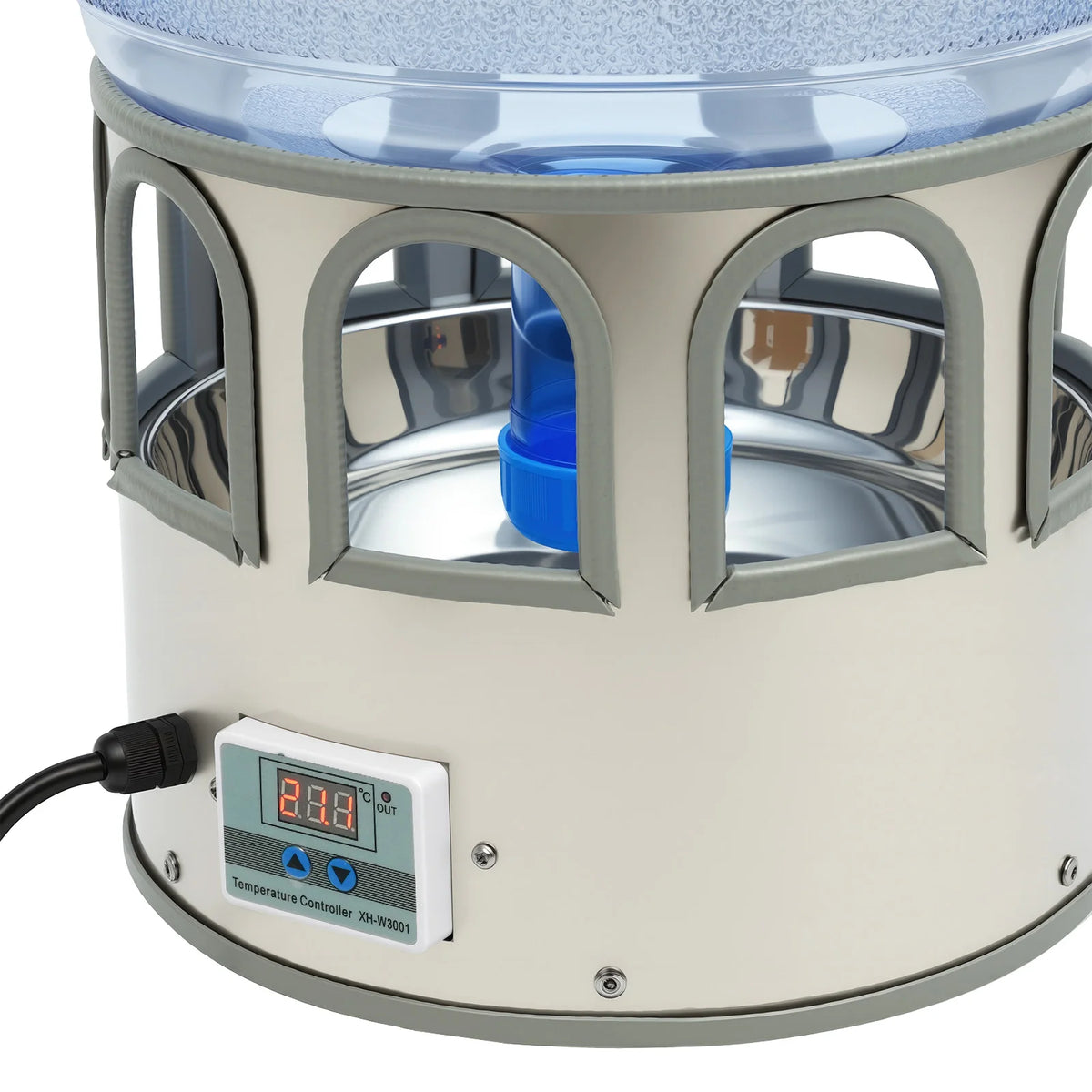 Stainless Steel Heated Chicken Waterer 5 Gal, 80W Auto Thermostat Water Heater for Poultry, Adjustable Temp 32-122°F with LED Display & 9 Windows, Anti-Freeze for Winter, Silver-Blue