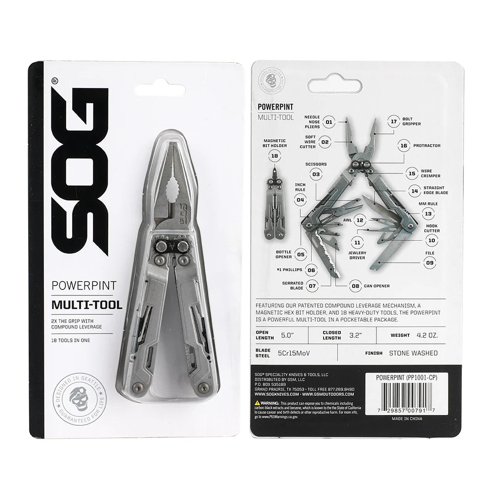 SOG 18 in 1 PowerPint Mini Multi-tool Compact Stainless Steel Lightweight EDC Multifunctional Hand Tools with Folding Pliers Pocket Knife Screwdrivers Scissors Bottle Opener For Outdoor Survival Fishing Cycling DIY Home Repai