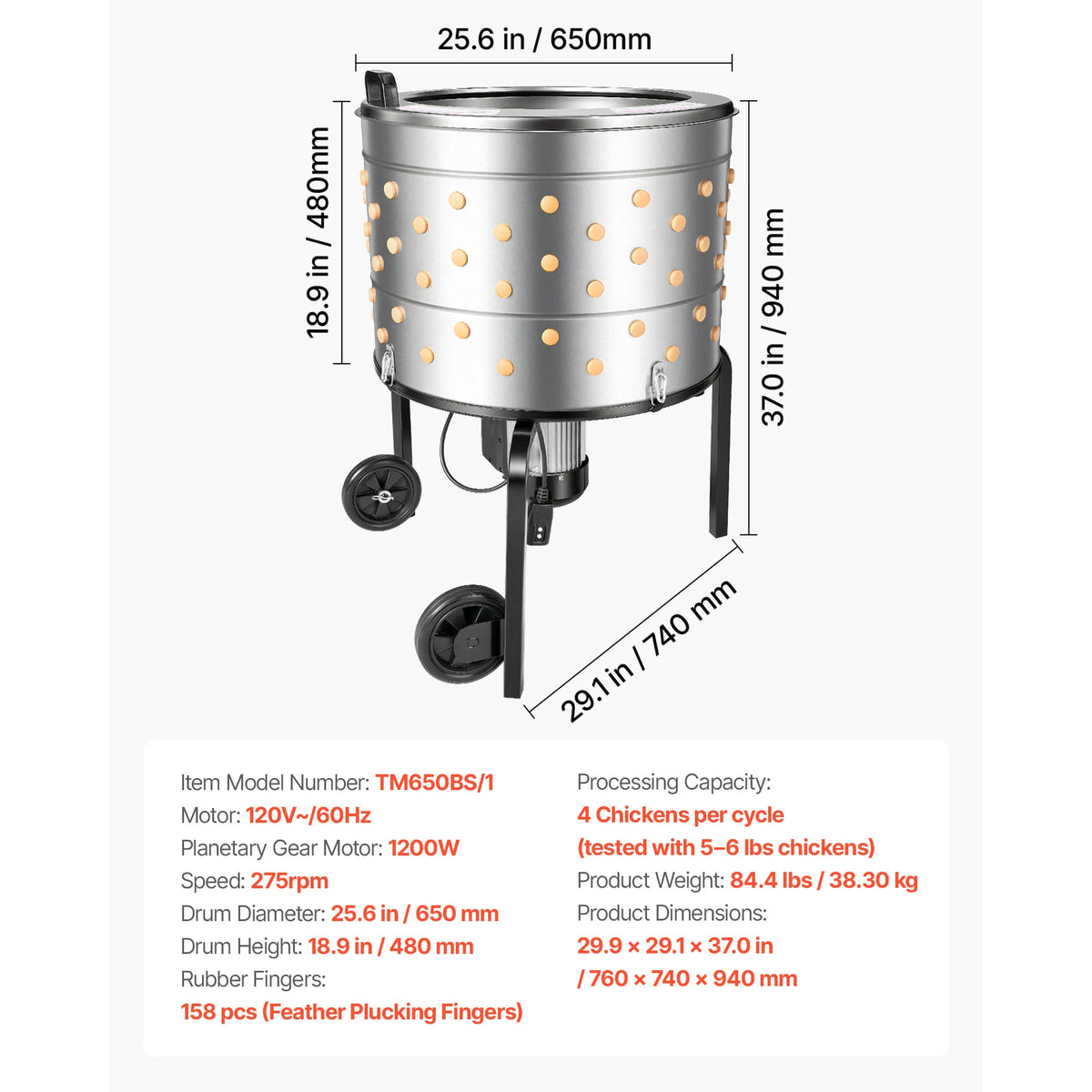 SucceBuy Chicken Plucker Machine 15.7in/19.7in/25.6in Drum with Soft Fingers & Transport Wheels for Processing 1-2/4 Chicks Once
