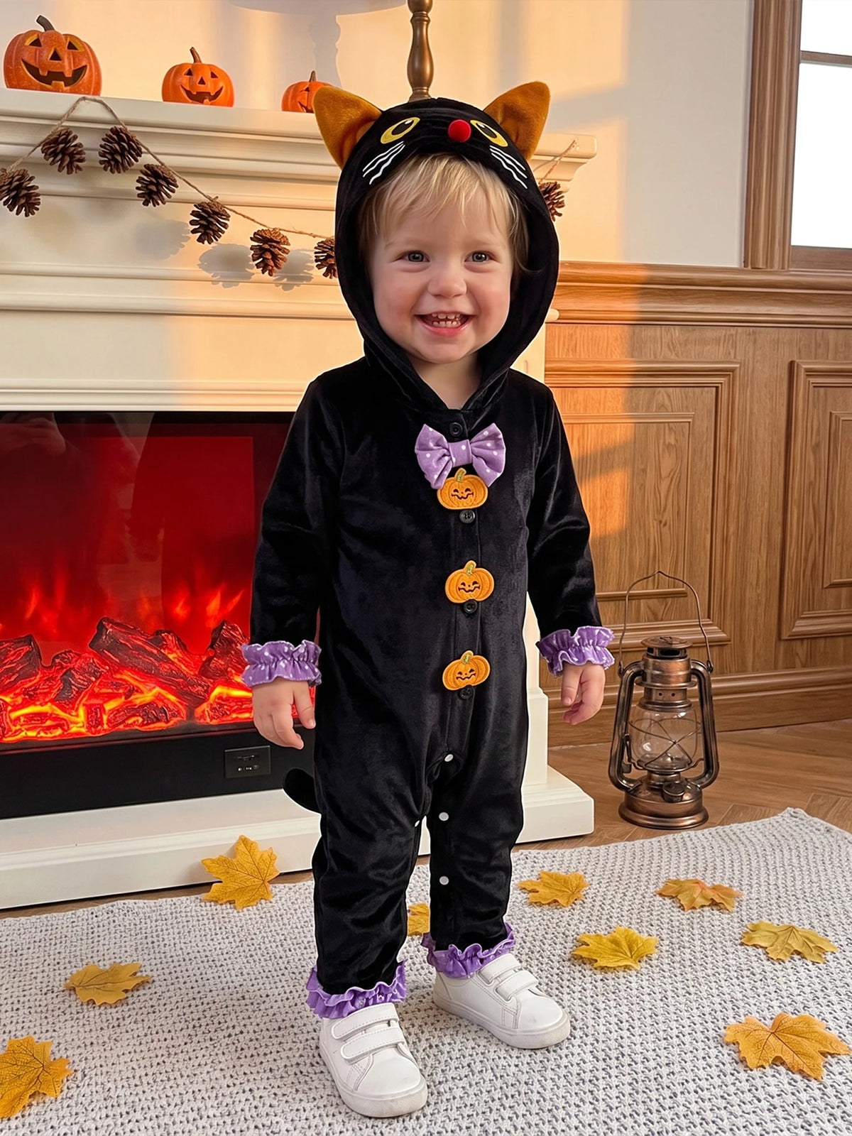 Long Sleeve Sleeve-Hooded-Jumpsuit Costume Button Halloween Cat Down Long Button Down Hooded Jumpsuit Cat