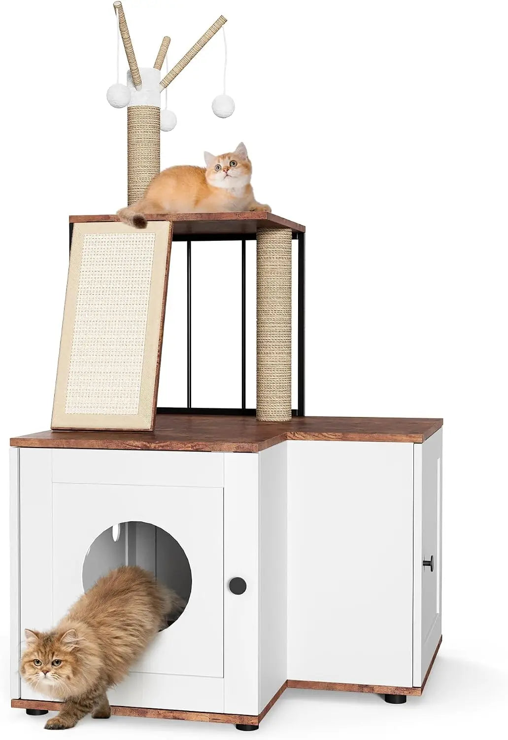 Garvee Wood L-Shaped Cat Corner Shelf Scratching Post & Play Tower 2 in 1 Wood Cat Activity Tree with Hanging Balls, Space-Saving w/Storage Cabinet