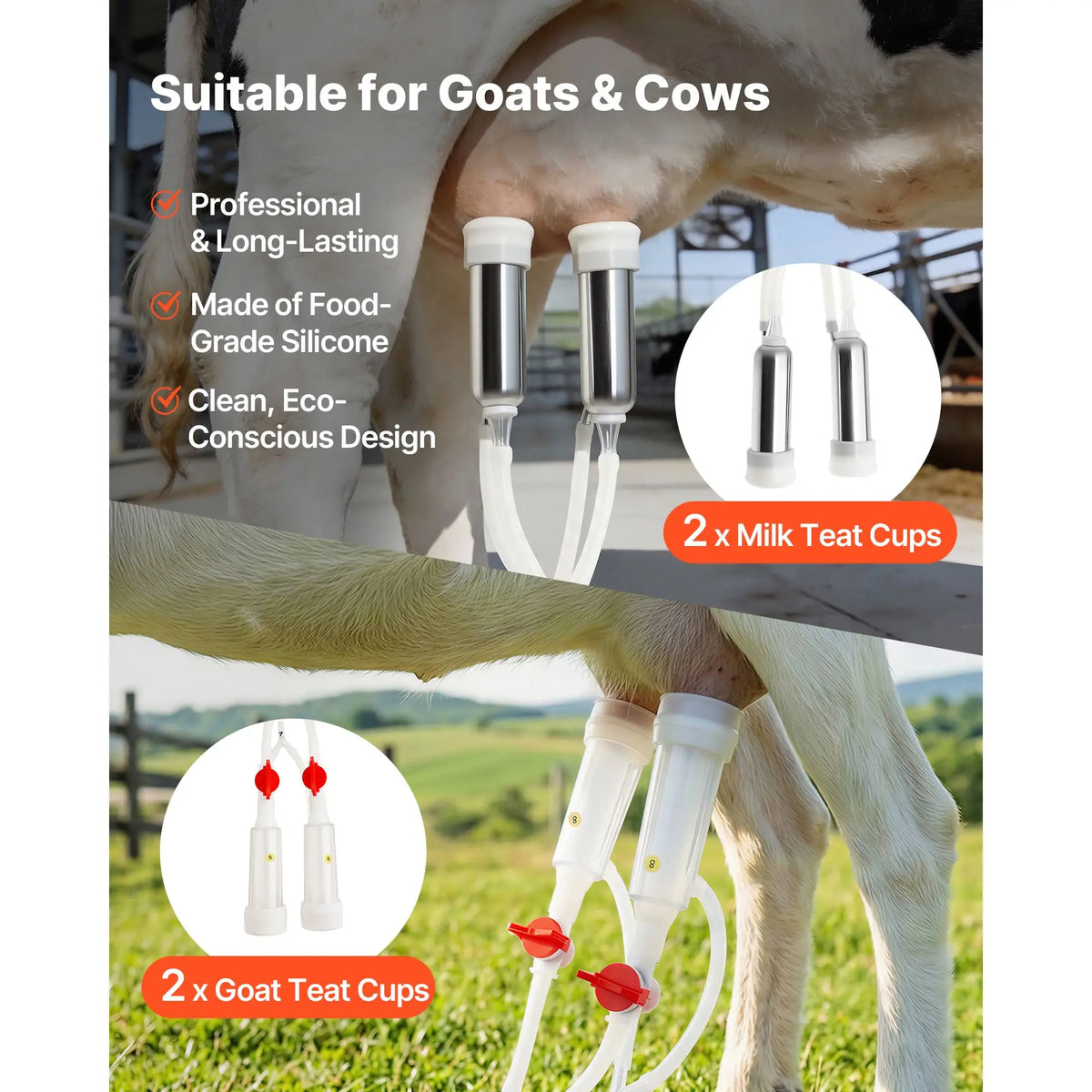 Goat Milking Machine, 1.8 Gal / 7 L Food-Grade Stainless Steel Bucket, 4 Teat Cups for Cows and Goats, with 8000 mAh Rechargeabl