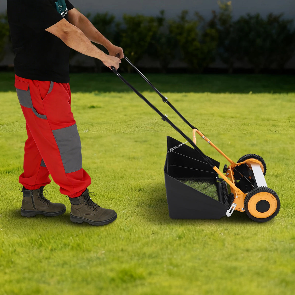14 Inch Hand Push Manual Lawn Mower Steel Aluminum Plastic Spraying Wear-resistant 4 Five-edged Blades 0.47-1.65in Adjustable Cutting Height Wheeled No-power Grass Cutter Eco-friendly Push Lawn Trimmer For Villa Home Backyard