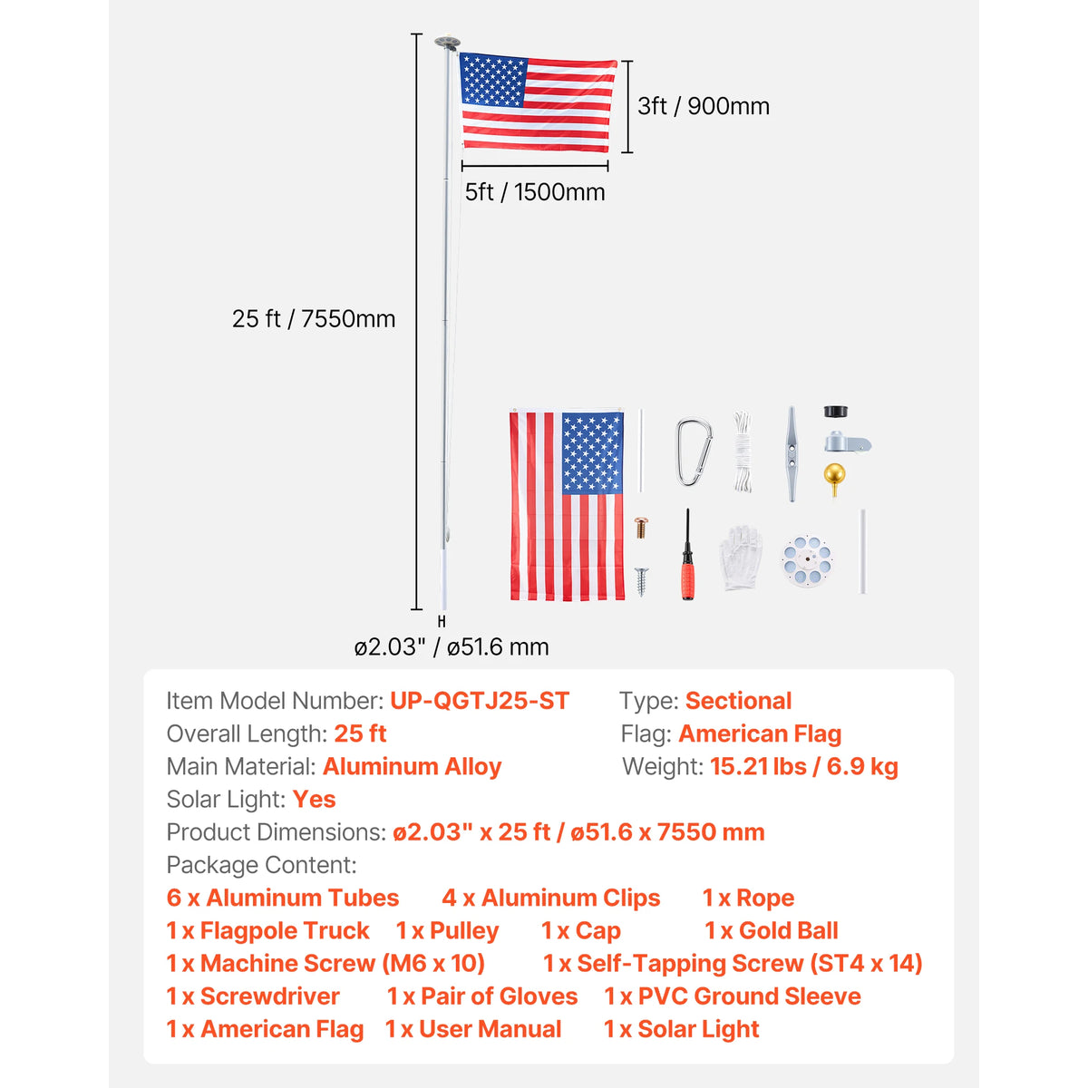 SucceBuy 20/25 ft Flag Pole with 136 LED Solar Light Outdoor Aluminum Flagpole with 3x5 American Flag for Residential Commercial