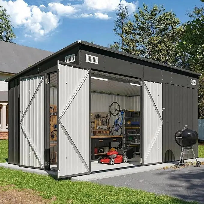 Outdoor Lean to Storage Shed with Triple Doors Utility Galvanized Steel Sheds for Vertical Storage, Dual Lock Metal Shed with Sloped Roof for Mower,Bike,Garden Tools (Black)