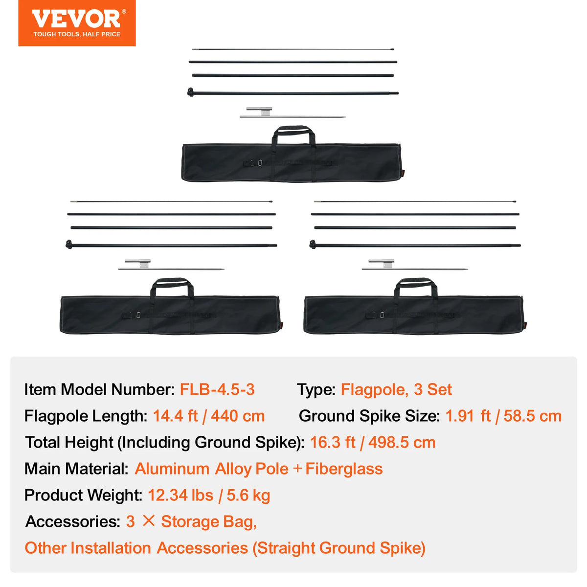VEVOR Feather Flag Pole Kit 3Packs Swooper Flag 16.3ft Sign Flag Poles for Business Advertising Flags Outdoor with Ground Stakes