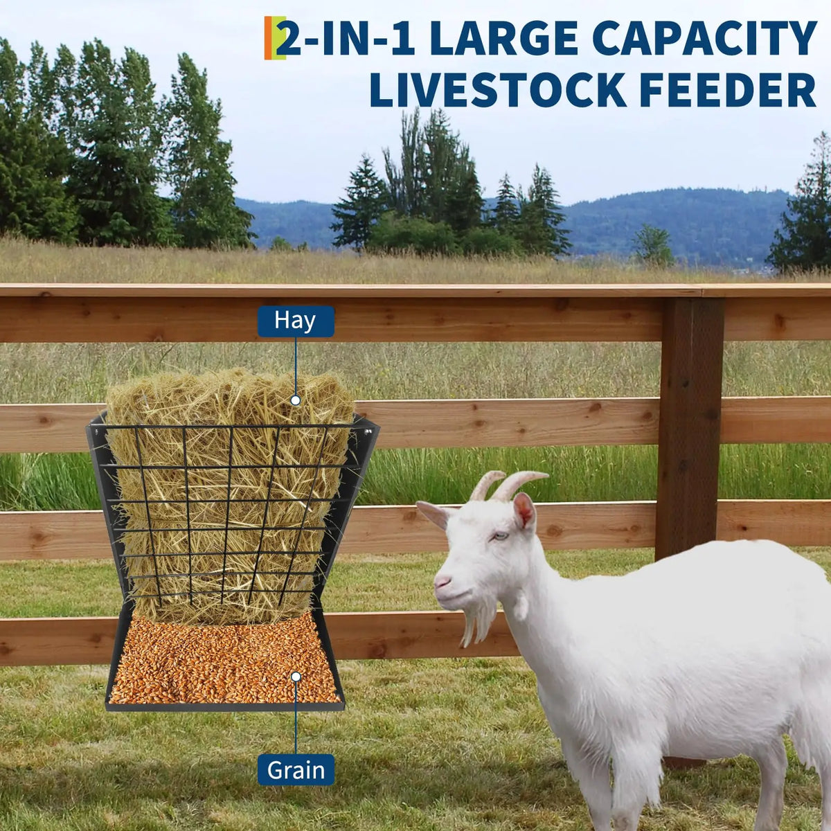 Hay Feeder for Goats, 2 in 1 Wall Mount Hay Rack Goat Feeder | Heavy Duty Galvanized Steel Hanging Feeders for Farm Livestock Goat Sheep Grain Indoor Outdoor Uses