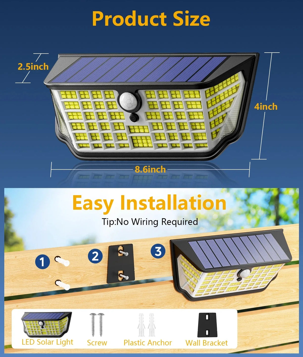 Solar Lights Outdoor Waterproof, 300° Angle & 3 Lighting Modes Motion Sensor Outdoor Lights, 326 LED Solar Security Flood Lights for Fence Wall Deck Yard Front Door Garden Garage