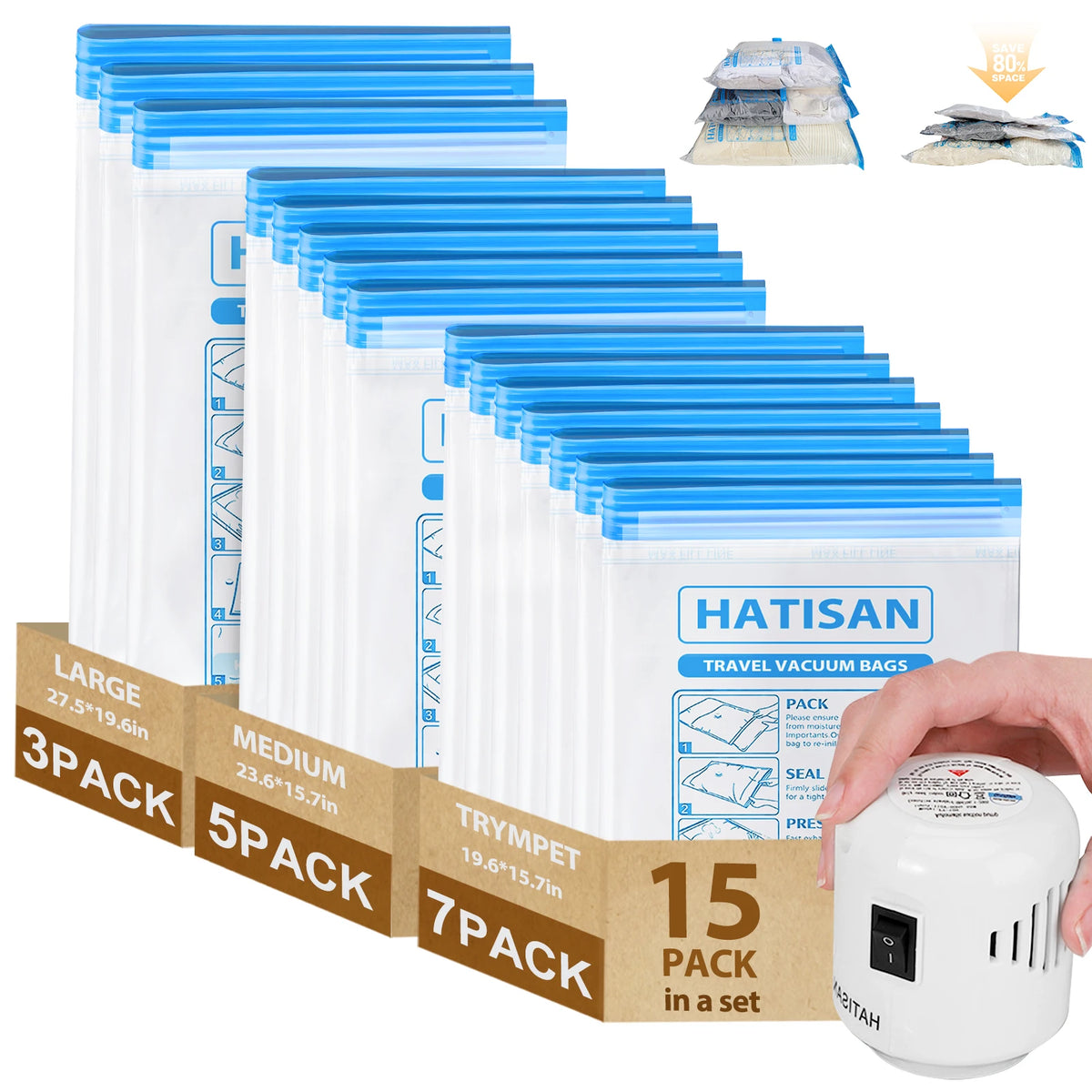 15 Pack Vacuum Storage Bags with Electric Pump, Vacuum Storage Bags Space Saver,  Vacuum Compression Bags for Clothes, Bedding