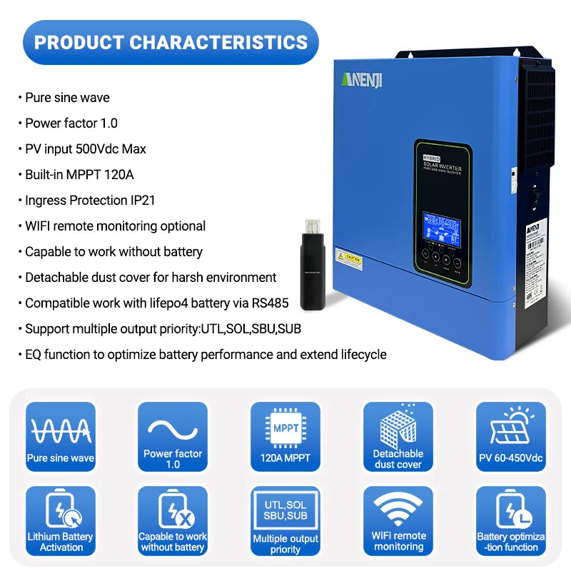 ANENJI 4.2K Hybrid solar inverter Pure Sine Wave MPPT Solar Charger off grid solar inverter for Photovoltaic PV 500VDC