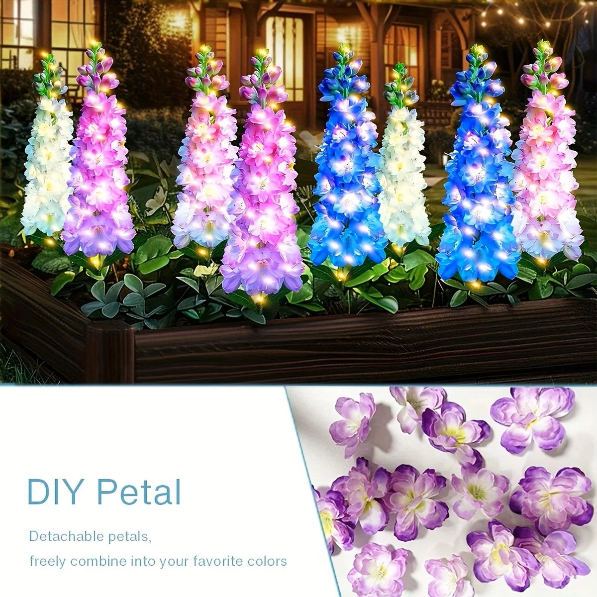 Solar Garden Lights, Solar Delphinium Flowers Lights 4 Pack 80 LEDs, Waterproof Outdoor Light Two Lighting Modes for Outside Wedding Party Garden Yard Patio Lawn Decor