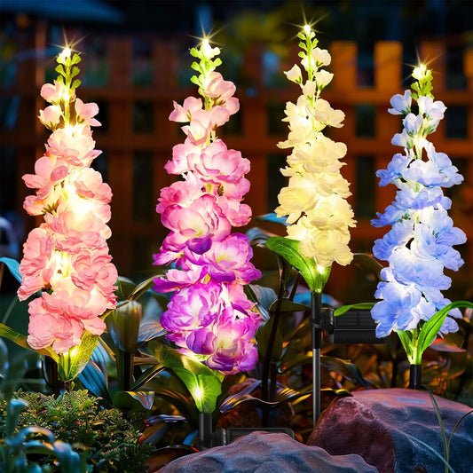Solar Garden Lights, Solar Delphinium Flowers Lights 4 Pack 80 LEDs, Waterproof Outdoor Light Two Lighting Modes for Outside Wedding Party Garden Yard Patio Lawn Decor
