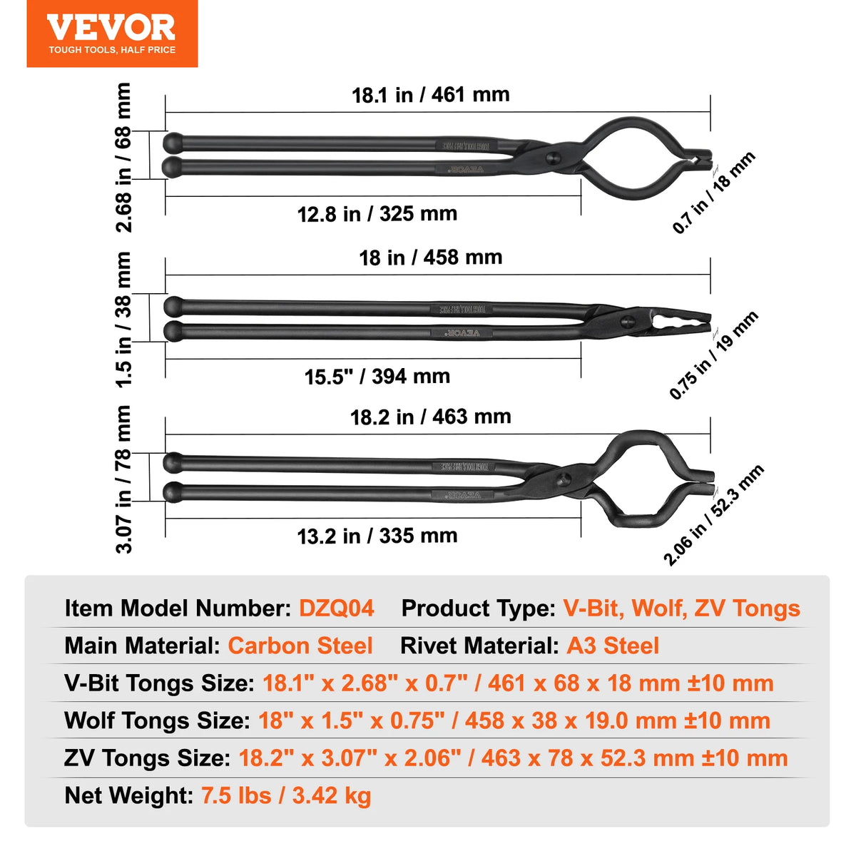SucceBuy Blacksmith Tongs 18” V-Bit Bolt Tongs Wolf Jaw Tongs Z V-Bit Tongs and Gripping Tongs Carbon Steel Forge Tongs