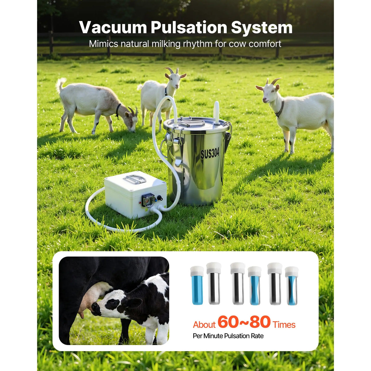 Goat Milking Machine, 1.8 Gal / 7 L Food-Grade Stainless Steel Bucket, 4 Teat Cups for Cows and Goats, with 8000 mAh Rechargeabl