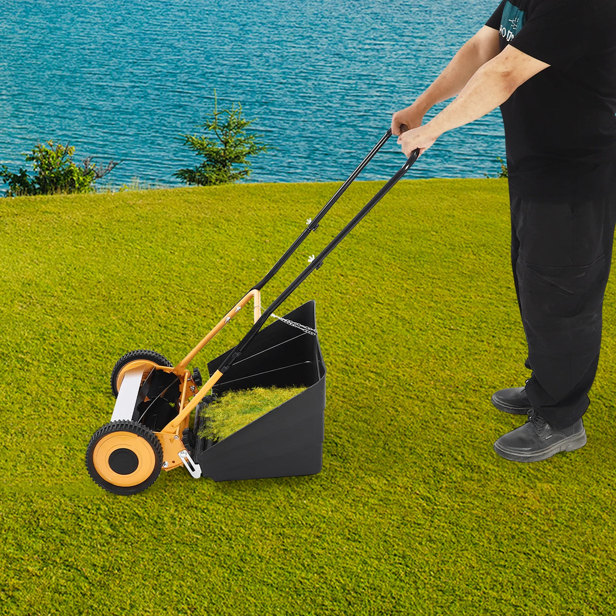 14 Inch Hand Push Manual Lawn Mower Steel Aluminum Plastic Spraying Wear-resistant 4 Five-edged Blades 0.47-1.65in Adjustable Cutting Height Wheeled No-power Grass Cutter Eco-friendly Push Lawn Trimmer For Villa Home Backyard