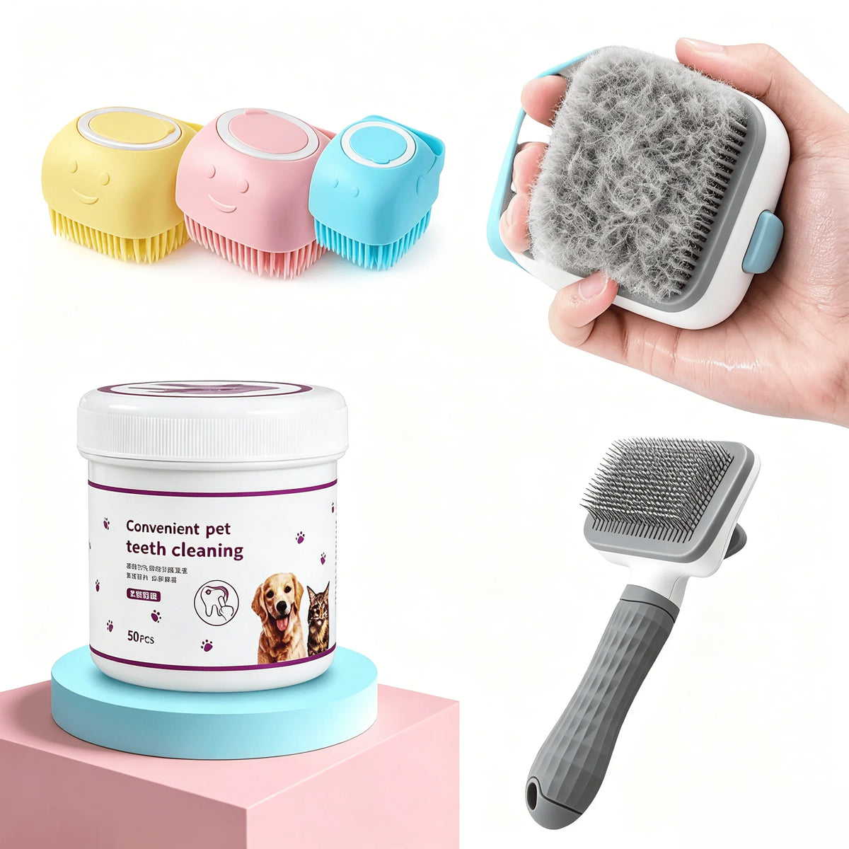 Complete Pet Grooming Kit: Dog & Cat Deshedding Brush, 2-in-1 Silicone Bath Brush with Bubbler, and Finger Tooth Wipes for Teeth Cleaning, All-in-One Home Spa Care