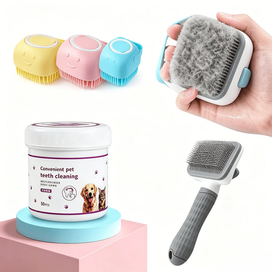 Complete Pet Grooming Kit: Dog & Cat Deshedding Brush, 2-in-1 Silicone Bath Brush with Bubbler, and Finger Tooth Wipes for Teeth Cleaning, All-in-One Home Spa Care
