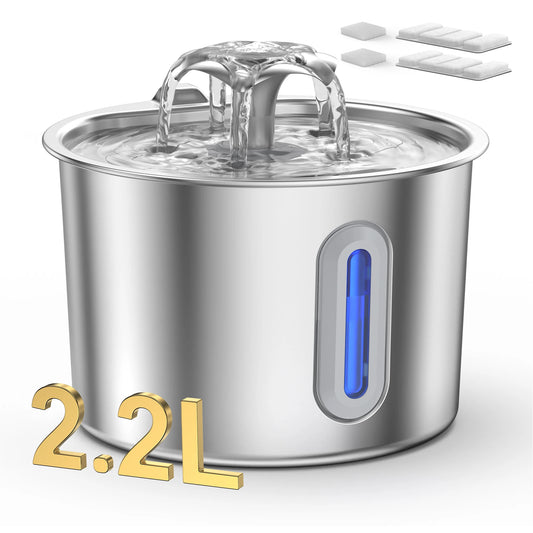 Cat Water Fountain Stainless Steel - 74oz/2.2L Automatic Large Pet Watering Bowl Dispenser for Indoor Dogs - Drinking Fountains with 2 Filter, Gifts for Cats and Kitty - Dog Waterer Bowls No Spill