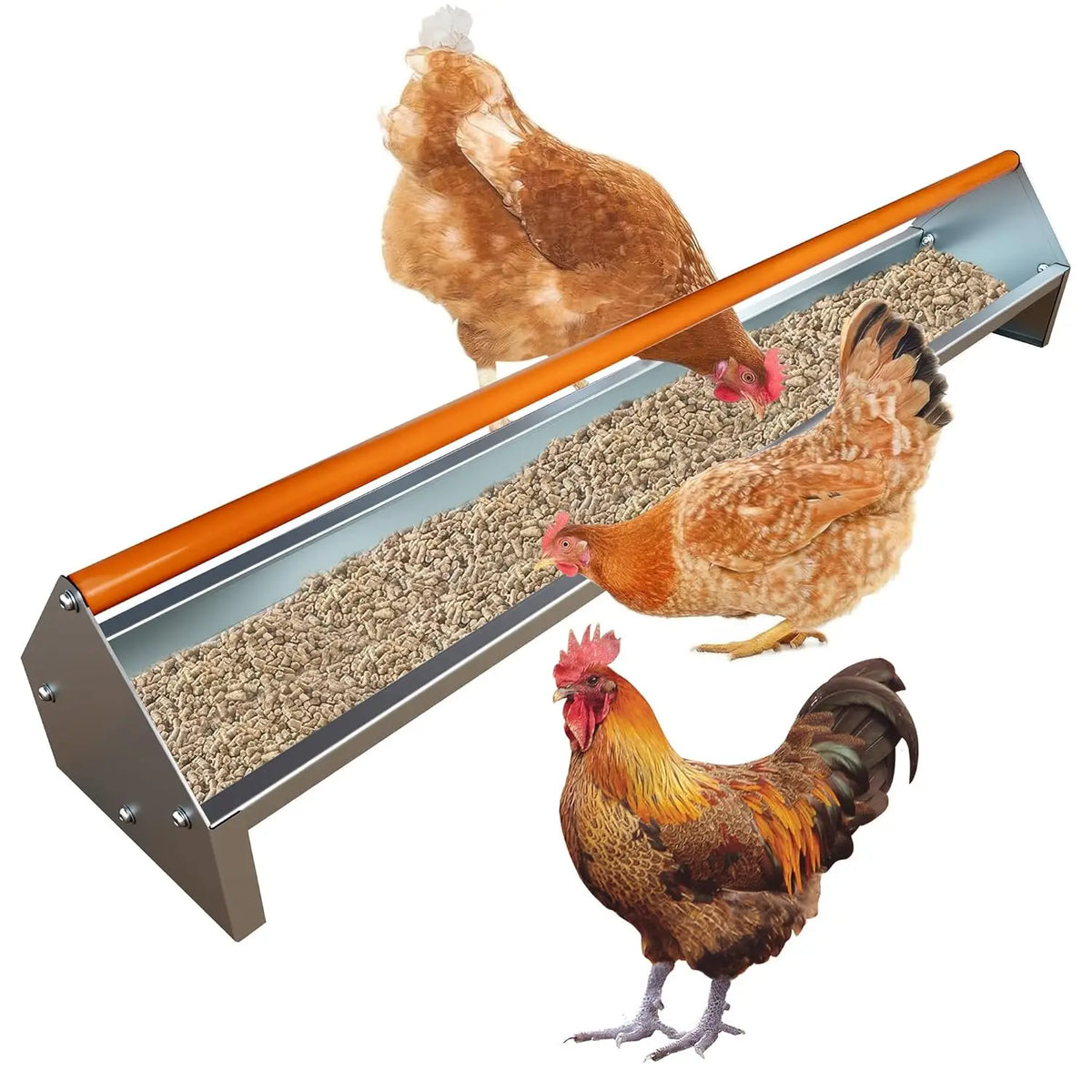 Livestock Feeding Trough Chicken Feeder 114cm Hay Feeder Metal Duck Feeder Galvanized Steel Poultry Feeder Trough with Drainage Holes & Rotatable Handle for Coop, Pigeon, Duck