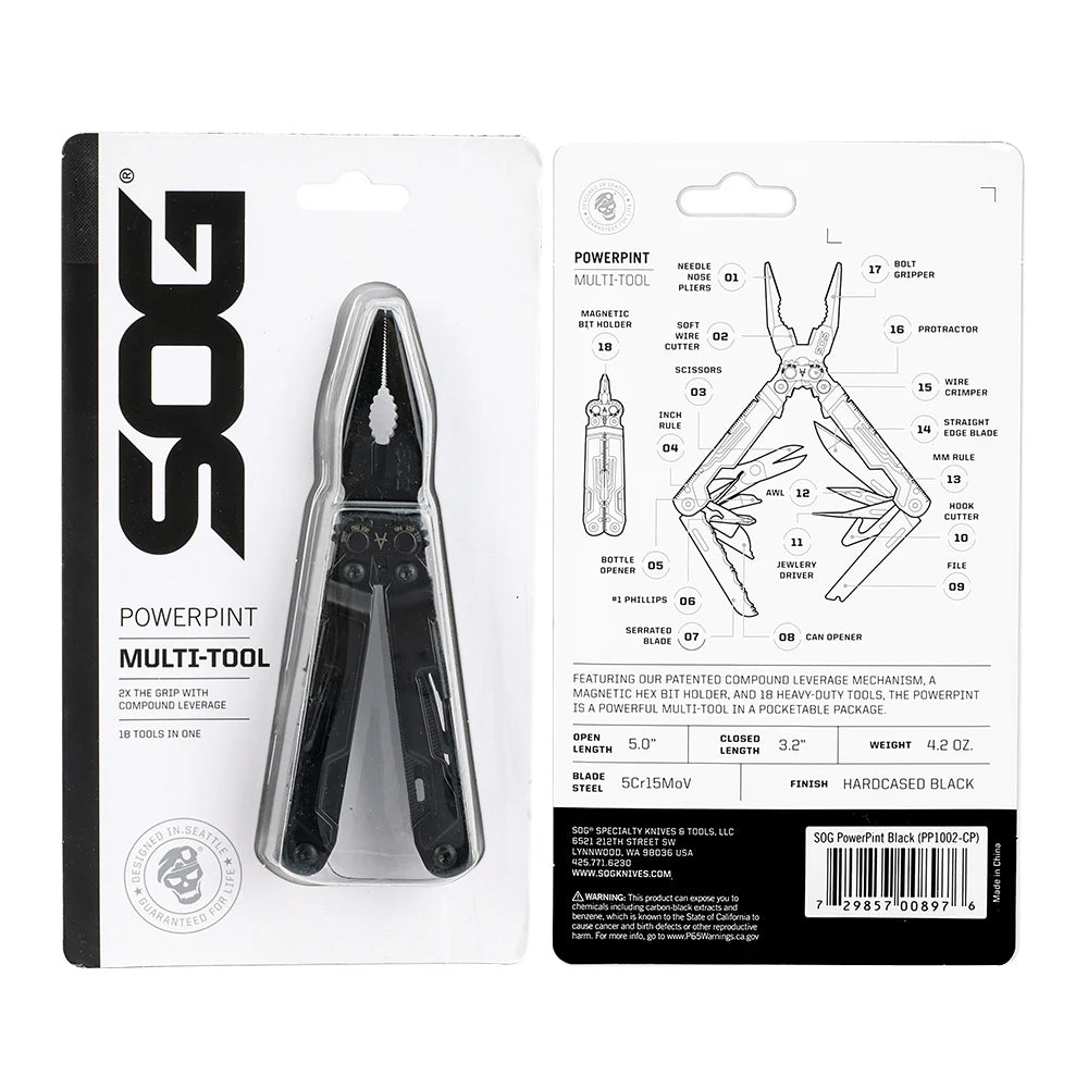 SOG 18 in 1 PowerPint Mini Multi-tool Compact Stainless Steel Lightweight EDC Multifunctional Hand Tools with Folding Pliers Pocket Knife Screwdrivers Scissors Bottle Opener For Outdoor Survival Fishing Cycling DIY Home Repai