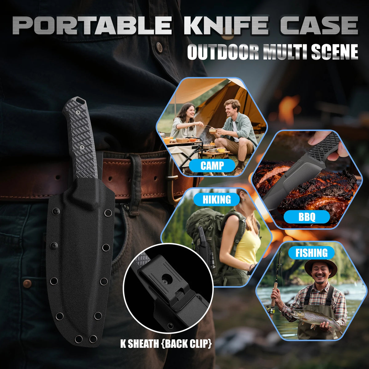 One-piece steel multi-functional steak straight knife with K-sheath and anti-slip textured handle, home meat cutting and deboning knife, portable camping survival hunting knife, outdoor multi-purpose knife.