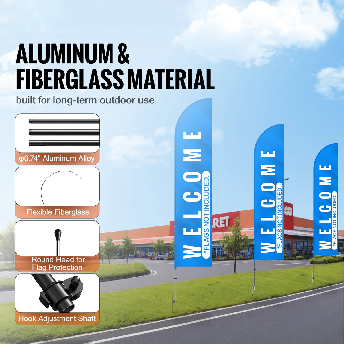 VEVOR Feather Flag Pole Kit 3Packs Swooper Flag 16.3ft Sign Flag Poles for Business Advertising Flags Outdoor with Ground Stakes