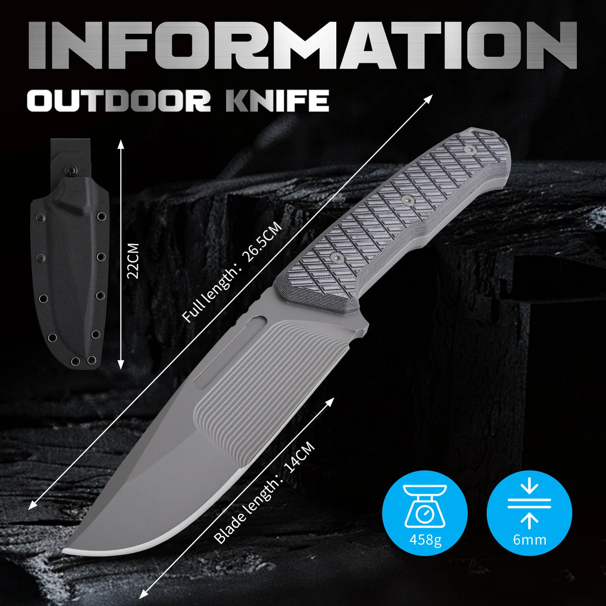 One-piece steel multi-functional steak straight knife with K-sheath and anti-slip textured handle, home meat cutting and deboning knife, portable camping survival hunting knife, outdoor multi-purpose knife.