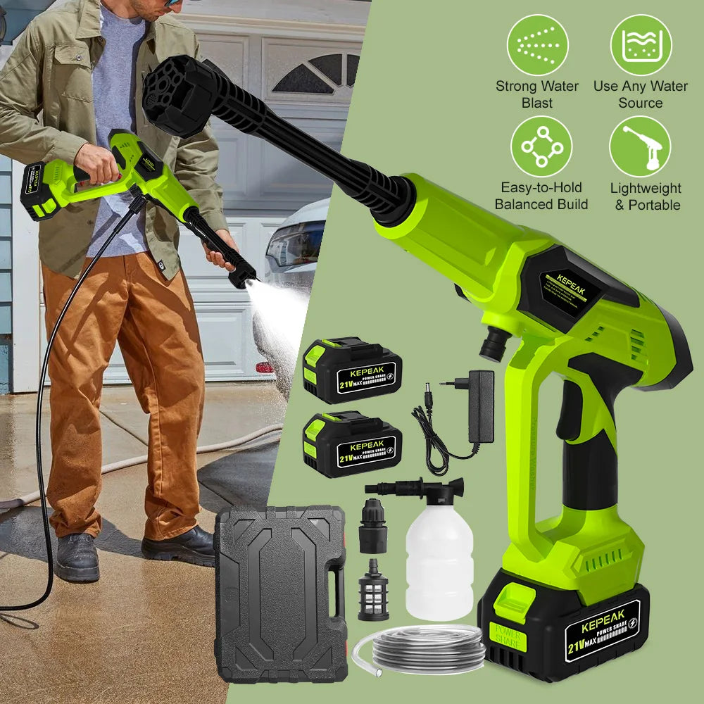 Adjustable High Pressure Cordless Portable Power Washer 1500PSI 21V 200W Wireless Water Cleaner with 13000mAh Large Capacity Battery 6-in-1 Multi Function Nozzle & Foam Bottle Outdoor Home Cleaning Tool
