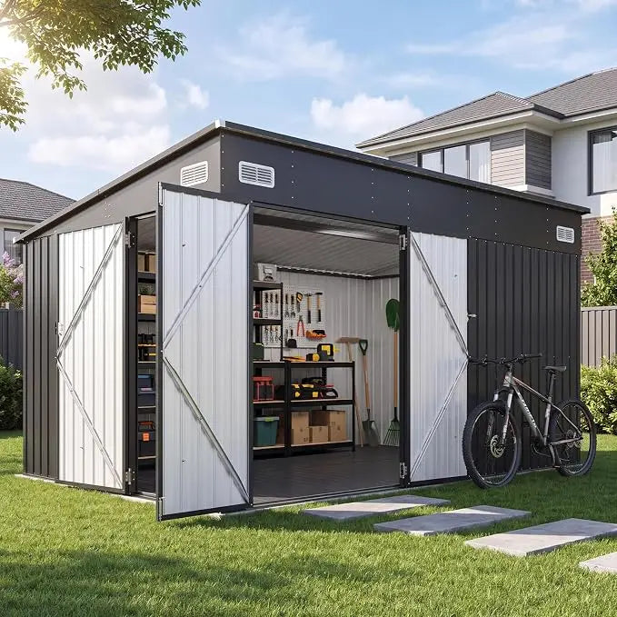 Outdoor Lean to Storage Shed with Triple Doors Utility Galvanized Steel Sheds for Vertical Storage, Dual Lock Metal Shed with Sloped Roof for Mower,Bike,Garden Tools (Black)