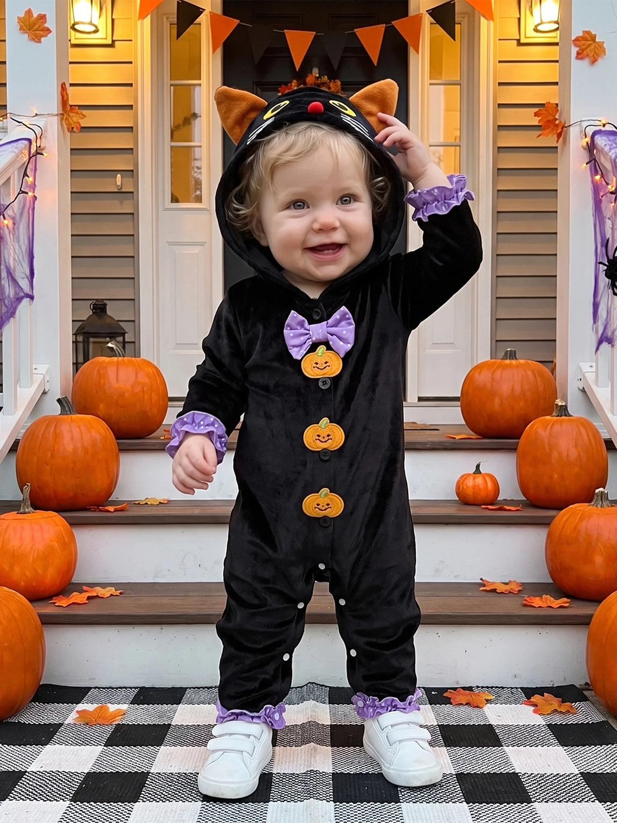 Long Sleeve Sleeve-Hooded-Jumpsuit Costume Button Halloween Cat Down Long Button Down Hooded Jumpsuit Cat