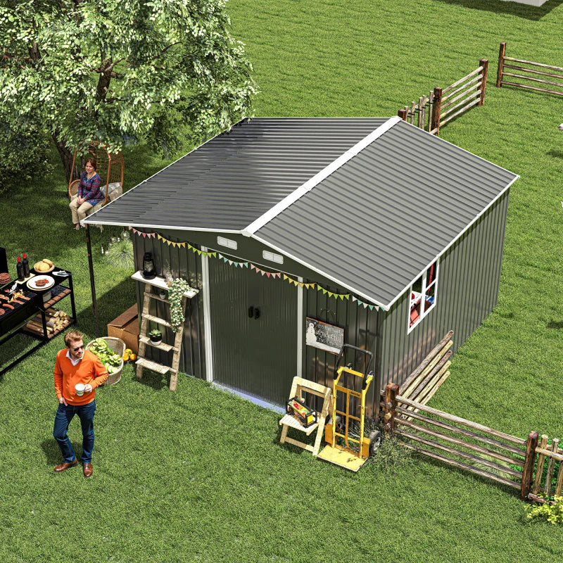 10x12 foot outdoor storage shed with lockable door, oversized metal shed, outdoor steel cabin, tool storage, chicken coop