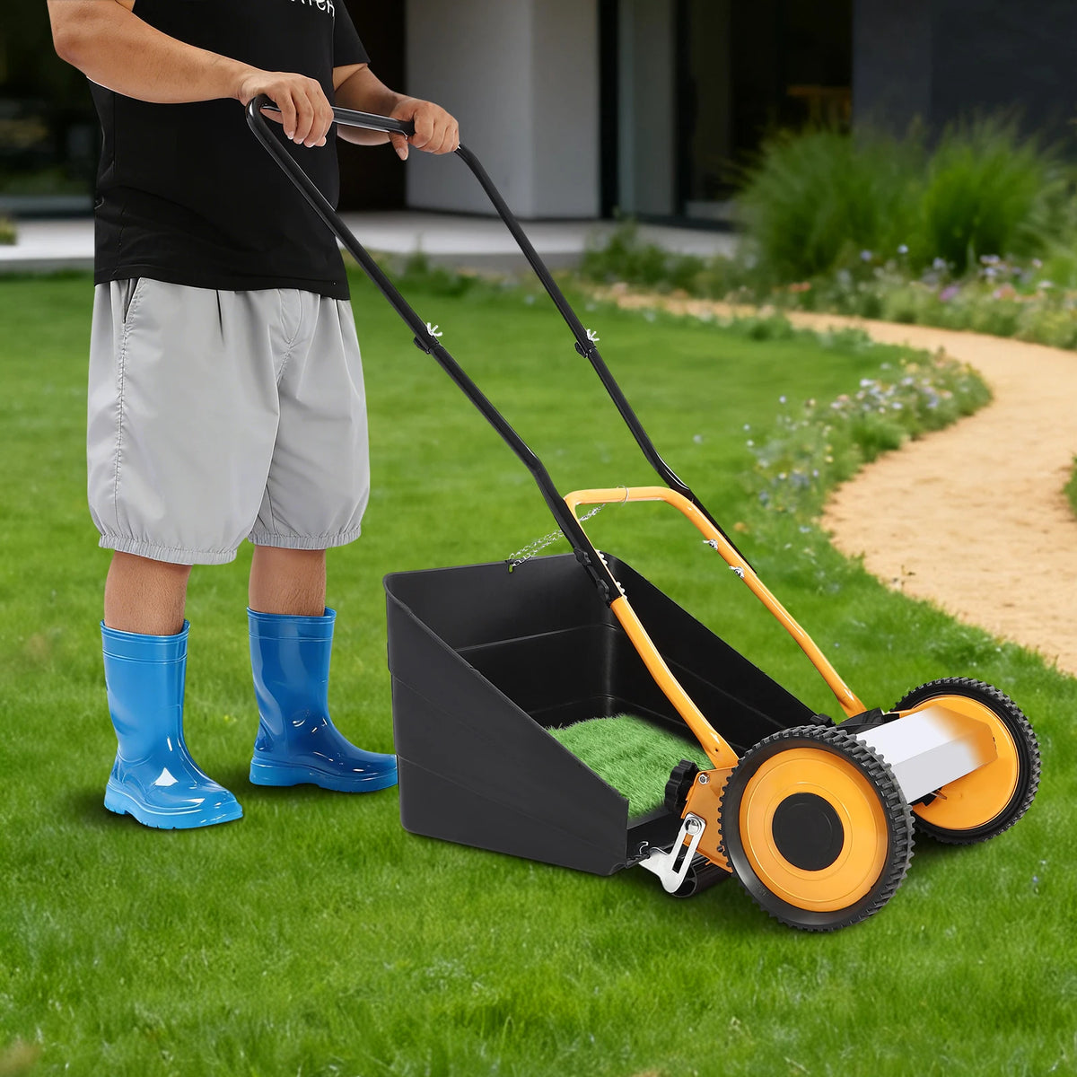 14 Inch Hand Push Manual Lawn Mower Steel Aluminum Plastic Spraying Wear-resistant 4 Five-edged Blades 0.47-1.65in Adjustable Cutting Height Wheeled No-power Grass Cutter Eco-friendly Push Lawn Trimmer For Villa Home Backyard