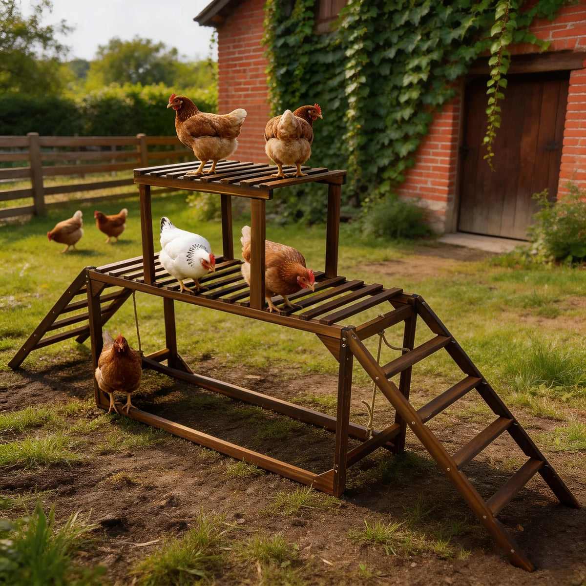 Pine Wood Chicken Perch Swing Chicken Roosting Bars with Swing & Ladder Activity Play Toys Chicken Climbing Accessory for 8-10 Chickens
