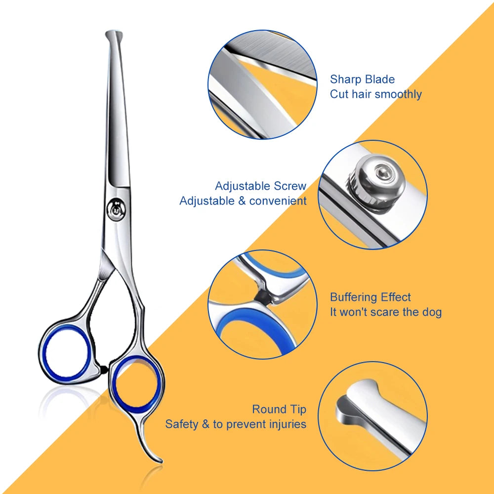 Professional Dog Grooming Scissors Set 7 in 1 Stainless Steel Pet Clippers With Ceramic Coating Ergonomic Handle Safe Round Tips Storage Case