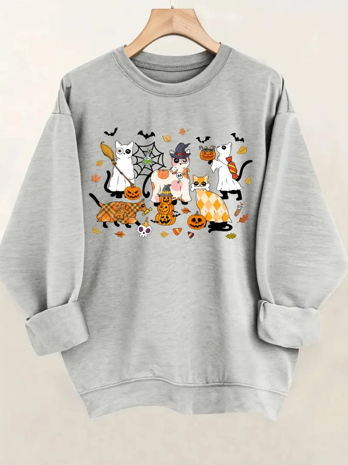 Women's Crewneck Pullover Sweatshirt Halloween Cat Print Design, Soft Casual Long Sleeve, Daily Casual Top Outfit, Winter Women's Clothing, Halloween Costume Outfit