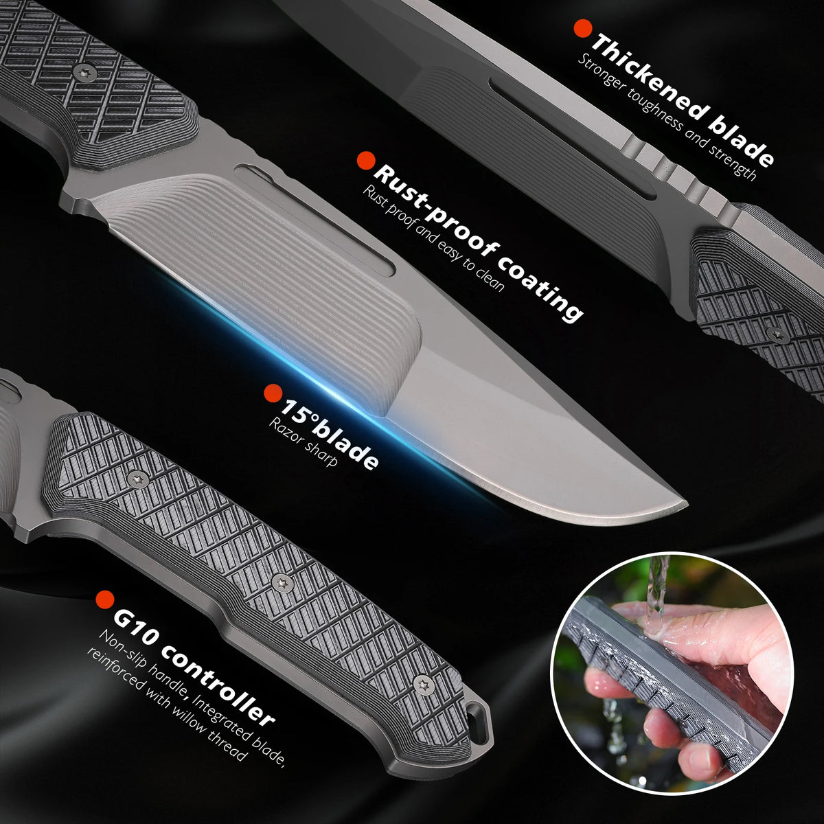 One-piece steel multi-functional steak straight knife with K-sheath and anti-slip textured handle, home meat cutting and deboning knife, portable camping survival hunting knife, outdoor multi-purpose knife.