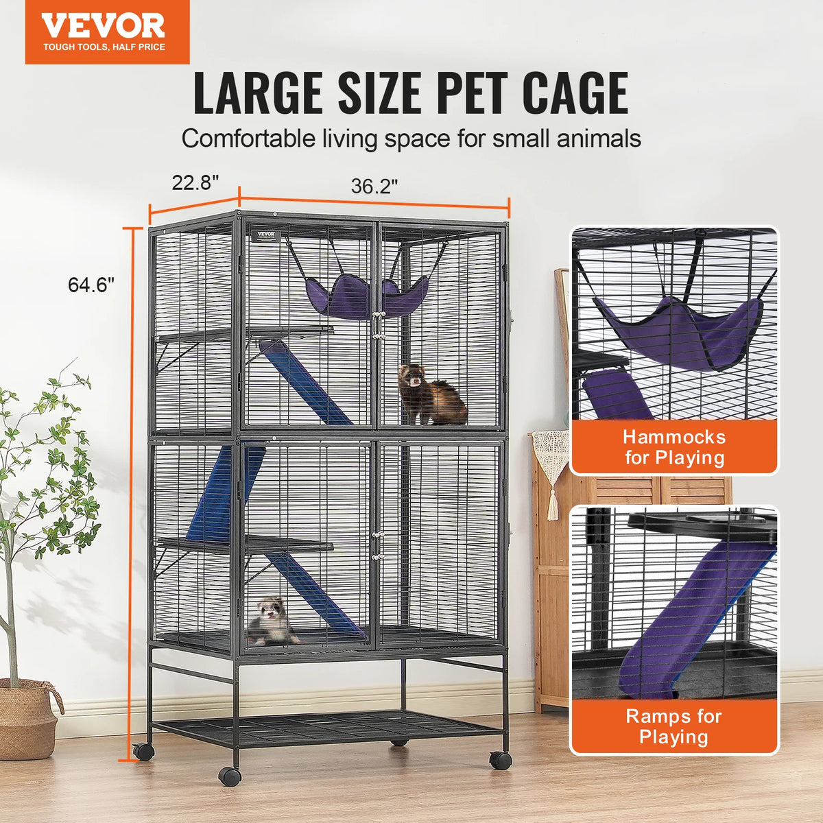 SucceBuy 64.6"Rolling Metal Ferret Cage Large4-Tier Critter Nation Cage Small Animal Cage for Pet Rat Hamster Guinea Chinchilla