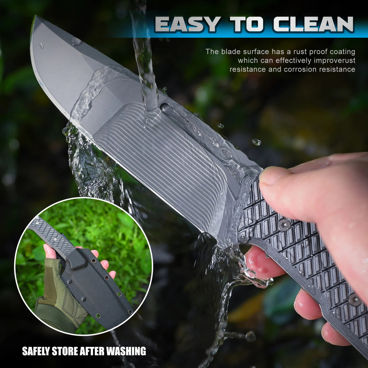 One-piece steel multi-functional steak straight knife with K-sheath and anti-slip textured handle, home meat cutting and deboning knife, portable camping survival hunting knife, outdoor multi-purpose knife.