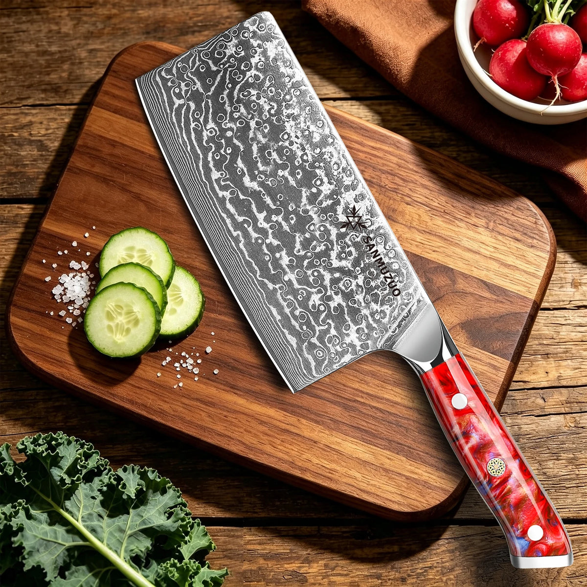SANMUZUO 7 Inch Chinese Cleaver Knife - Professional Damascus Steel Chef Knife for Meat Vegetable - Ergonomic Resin Handle Kitchen Tool - Xuan Series