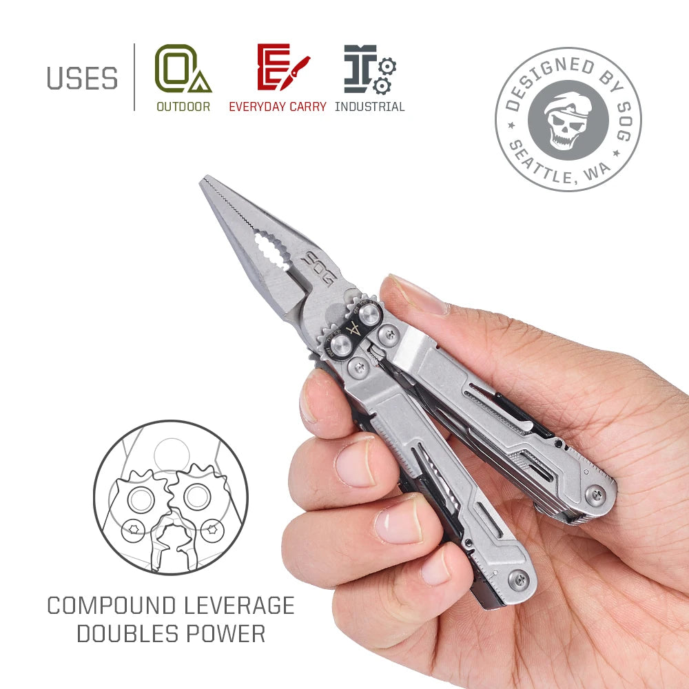 SOG 18 in 1 PowerPint Mini Multi-tool Compact Stainless Steel Lightweight EDC Multifunctional Hand Tools with Folding Pliers Pocket Knife Screwdrivers Scissors Bottle Opener For Outdoor Survival Fishing Cycling DIY Home Repai