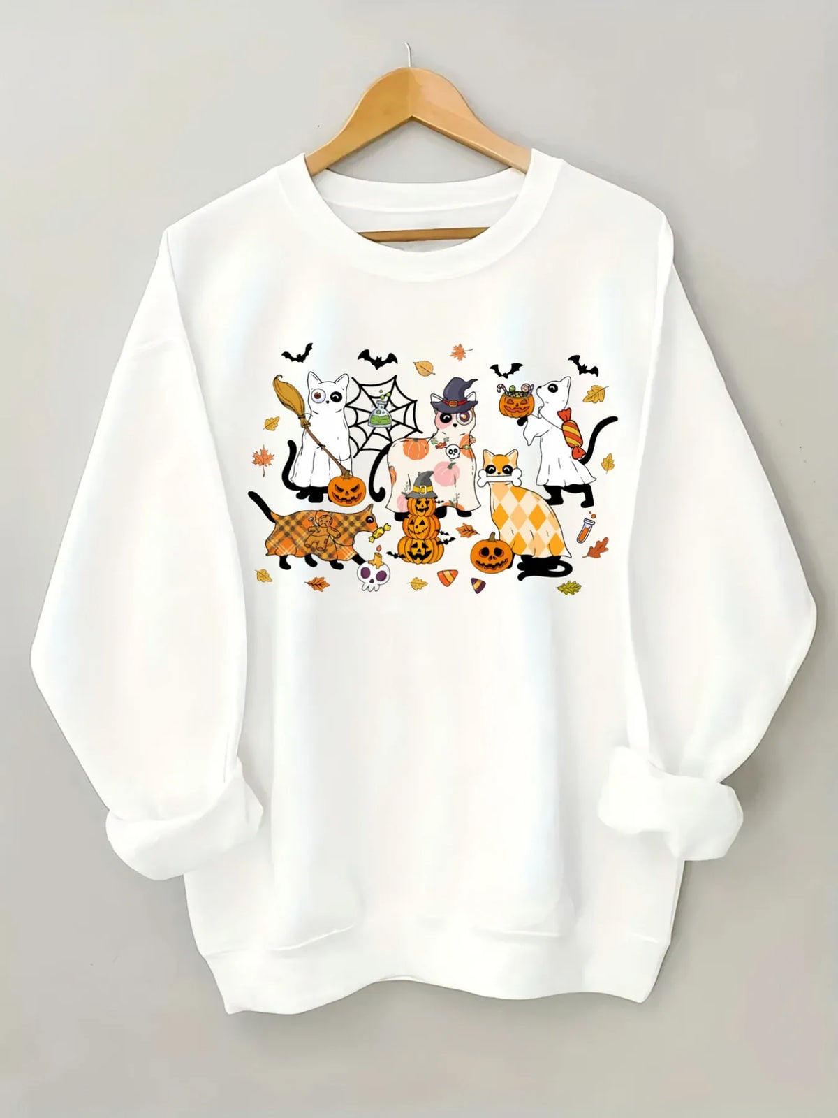 Women's Crewneck Pullover Sweatshirt Halloween Cat Print Design, Soft Casual Long Sleeve, Daily Casual Top Outfit, Winter Women's Clothing, Halloween Costume Outfit