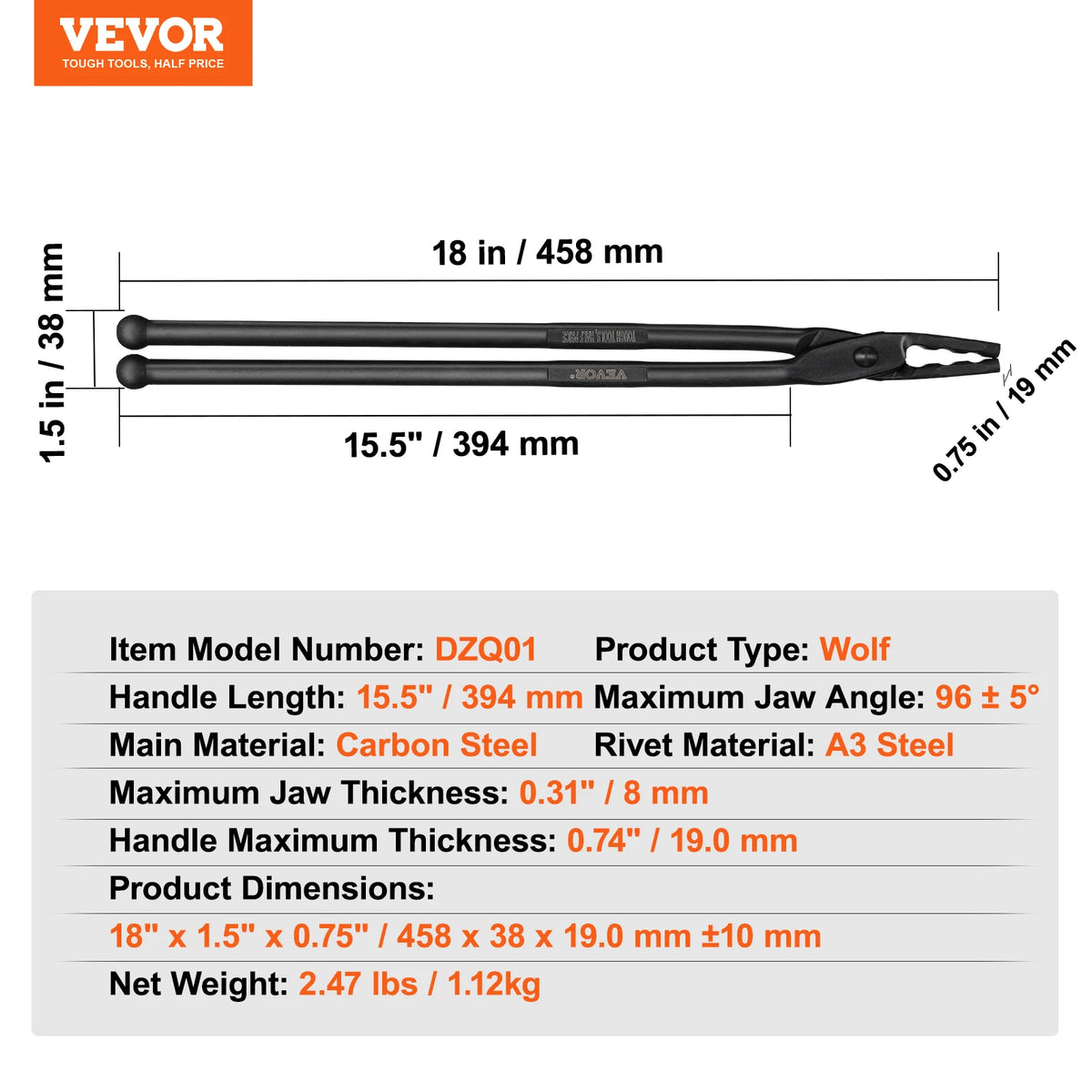 SucceBuy Blacksmith Tongs 18” V-Bit Bolt Tongs Wolf Jaw Tongs Z V-Bit Tongs and Gripping Tongs Carbon Steel Forge Tongs