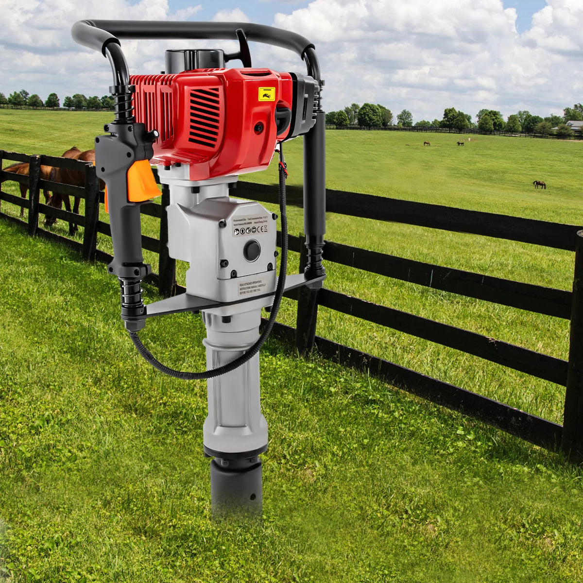 1900W Petrol Pile Driver 52cc 2 Stroke Engine Post Driver Air Cooling Single-cylinder Petrol Garden Fencing Push Pile Tool