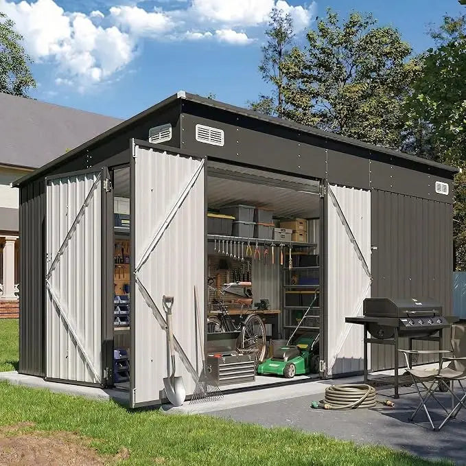 Outdoor Lean to Storage Shed with Triple Doors Utility Galvanized Steel Sheds for Vertical Storage, Dual Lock Metal Shed with Sloped Roof for Mower,Bike,Garden Tools (Black)