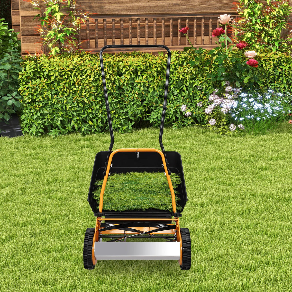 16 Inch Hand Push Lawn Mower Steel Aluminum Plastic Sprayed Wear-resistant 4 Sharp Five-edged Blades 0.47-1.65in Adjustable Cut Height Manual Wheeled Grass Cutting Machine No-power Eco Lawn Trimmer For Villa Household Backyar