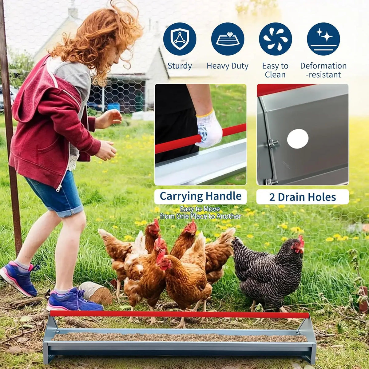 Livestock Feeding Trough Chicken Feeder 114cm Hay Feeder Metal Duck Feeder Galvanized Steel Poultry Feeder Trough with Drainage Holes & Rotatable Handle for Coop, Pigeon, Duck