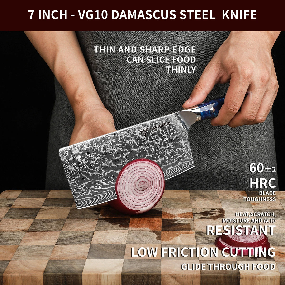 SANMUZUO 7 Inch Chinese Cleaver Knife - Professional Damascus Steel Chef Knife for Meat Vegetable - Ergonomic Resin Handle Kitchen Tool - Xuan Series