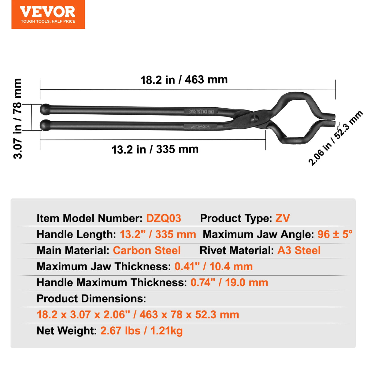 SucceBuy Blacksmith Tongs 18” V-Bit Bolt Tongs Wolf Jaw Tongs Z V-Bit Tongs and Gripping Tongs Carbon Steel Forge Tongs
