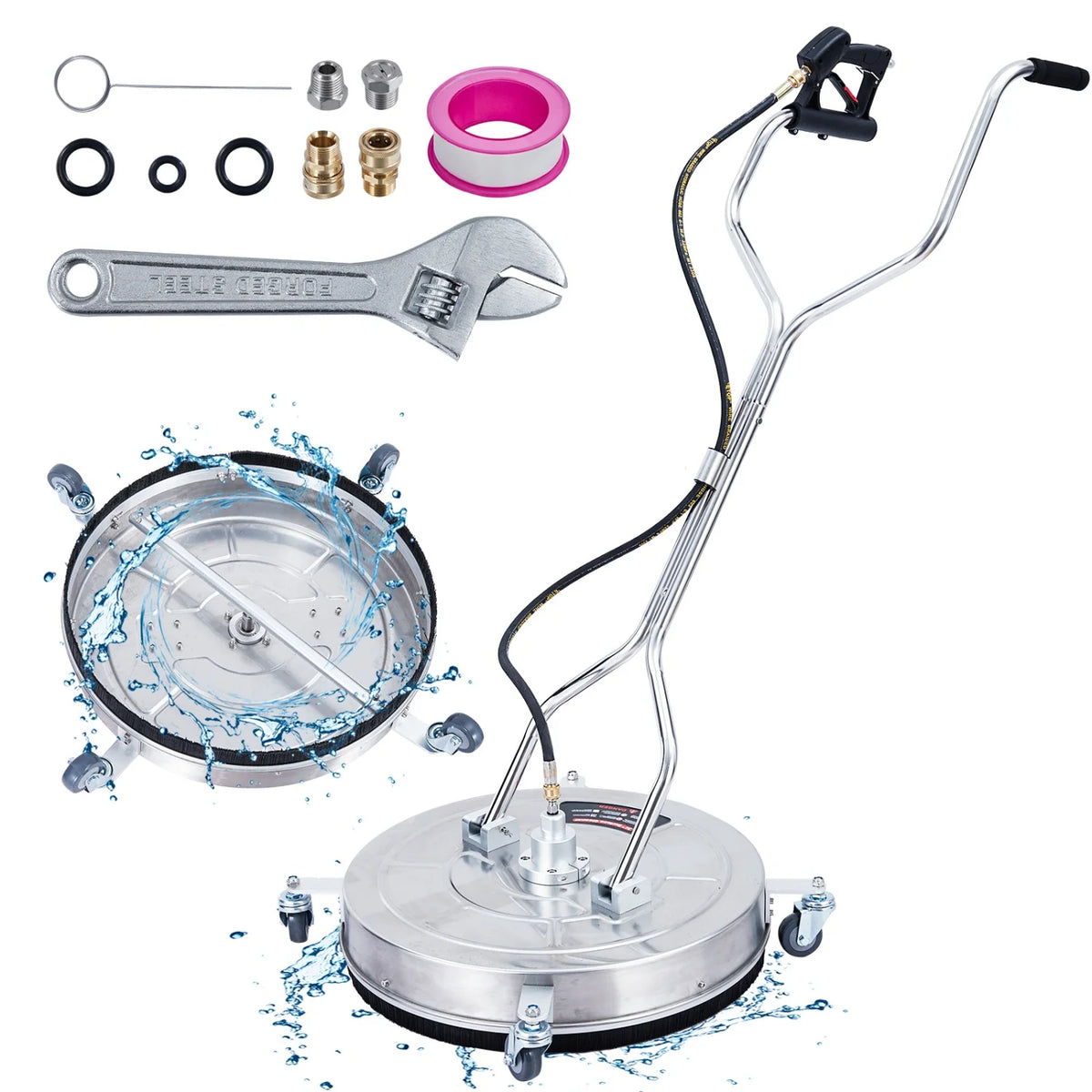 24" Stainless Steel Pressure Washer Surface Cleaner with 4 Wheels, 4000 Max PSI, 3/8 Quick Connector, 2 Replacement Nozzles, Dual Handle, Power Washer Surface Cleaner for Concrete, Patio, Sidewalk, Deck, Driveways